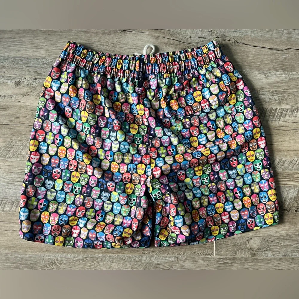 LUCHIANO VISCONTI Swim Trunks Sz Med Black with Multicolor Wrestler Masks - Picture 2 of 8